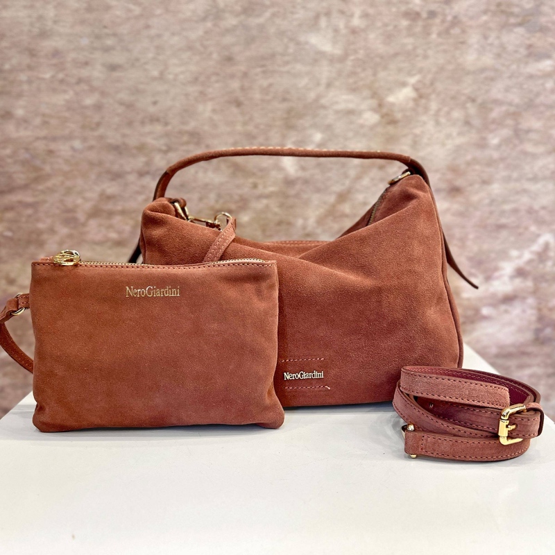 Borsa a mano con tracolla suede Rosa antico