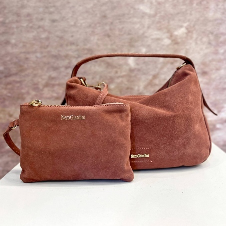 Borsa a mano con tracolla suede Rosa antico