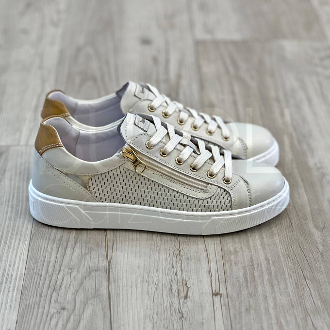 Sneaker traforata in pelle Beige con Zip