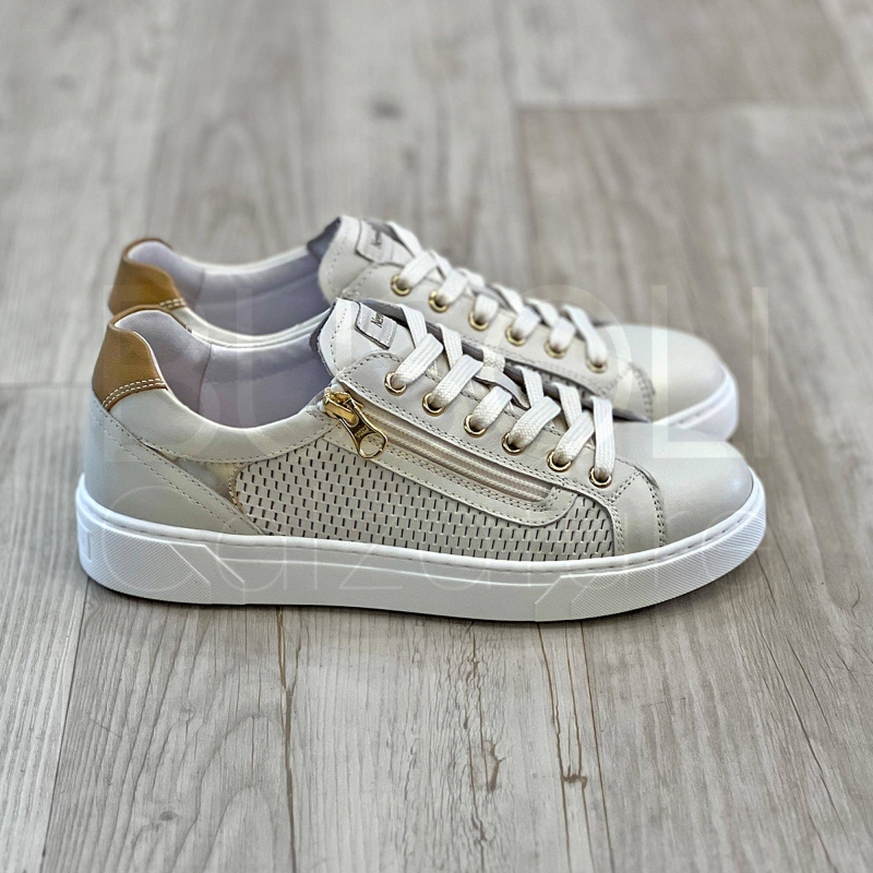 Sneaker traforata in pelle Beige con Zip