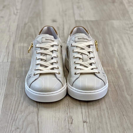 Sneaker traforata in pelle Beige con Zip
