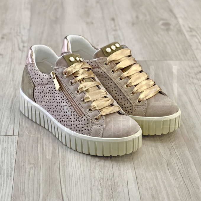 Sneaker Traforata Beige con zip e lacci Raso